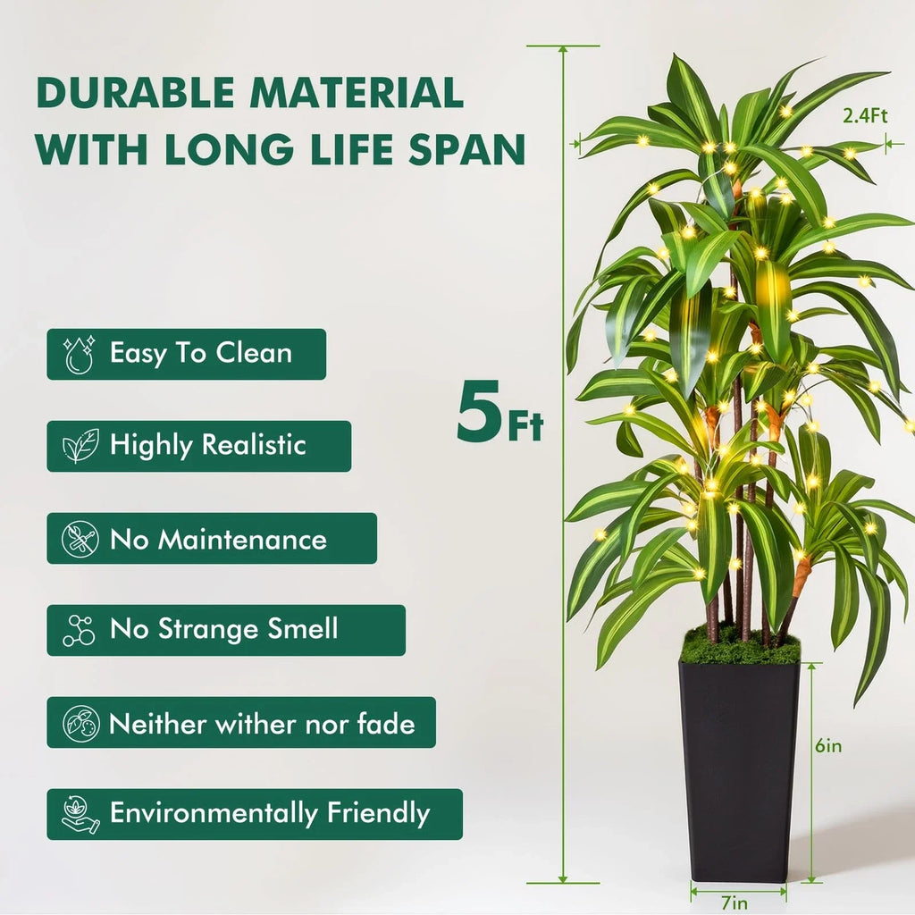 5Ft Artificial Dracaena Tree Faux Yucca Tropical Plant in Black Pot